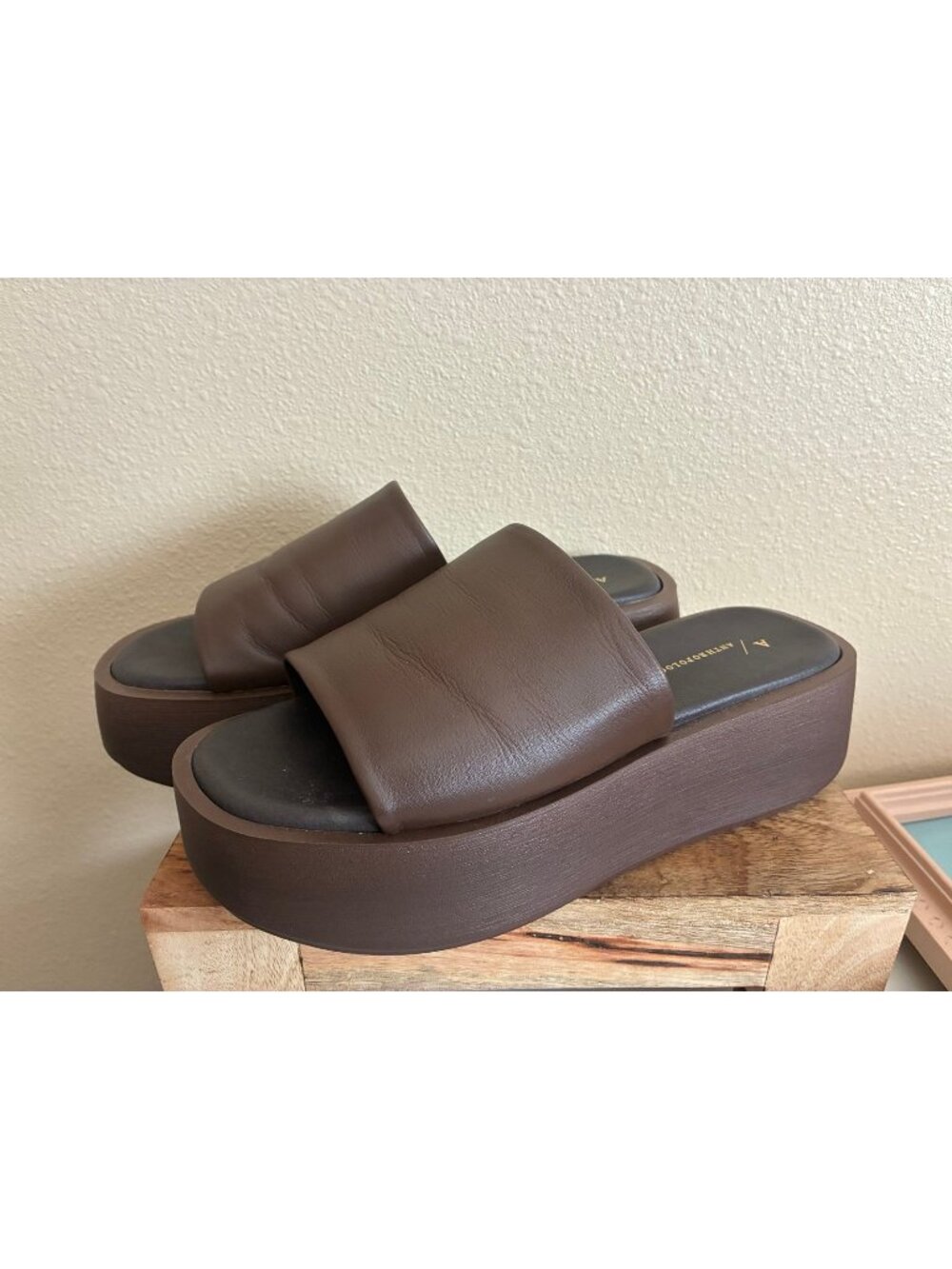 Anthropologie Brown Leather Platform Slide Sandals Women's Size 8.5